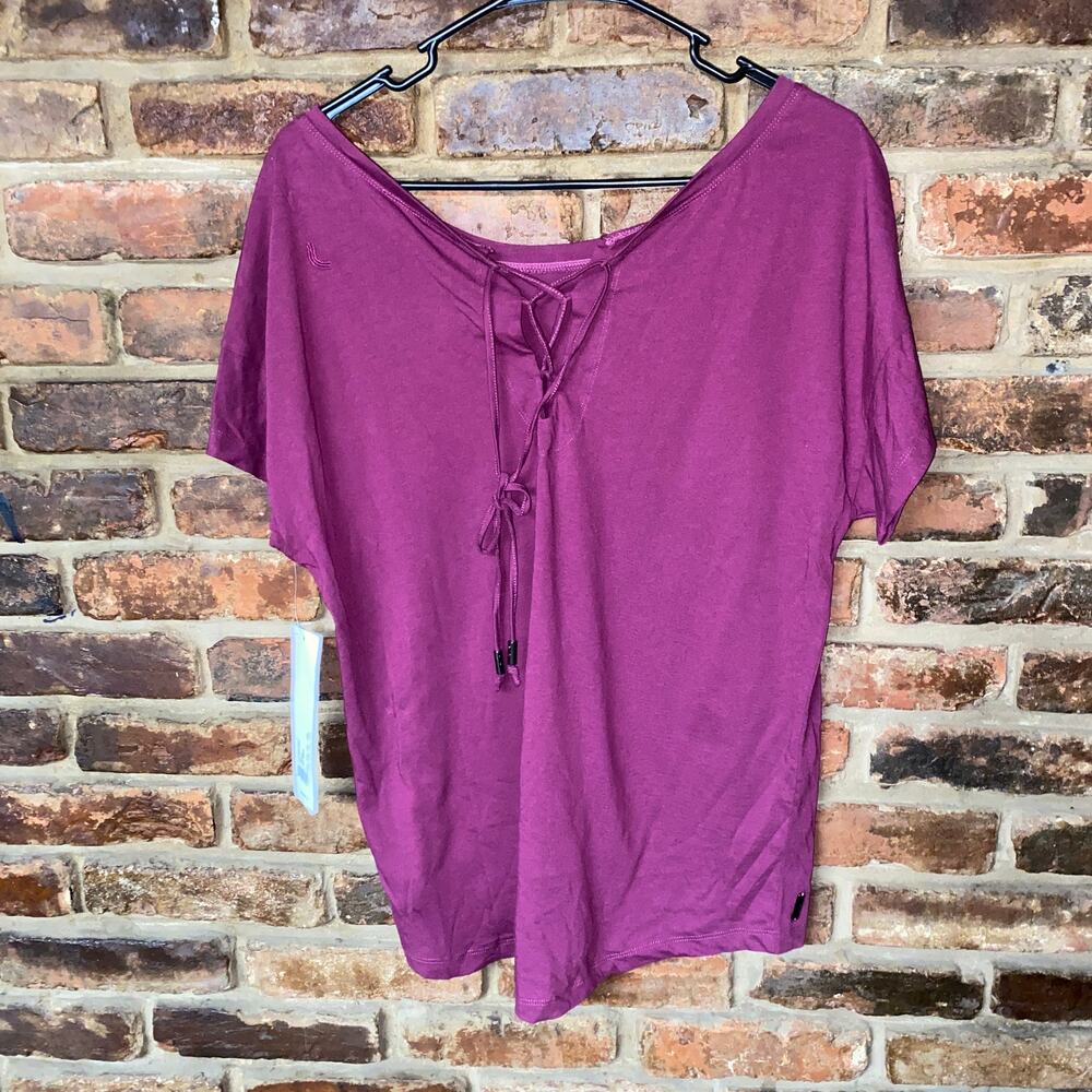 New NWT LOLE Mulberry Purple Short Sleeve Lace-Up Top Women's Size Large